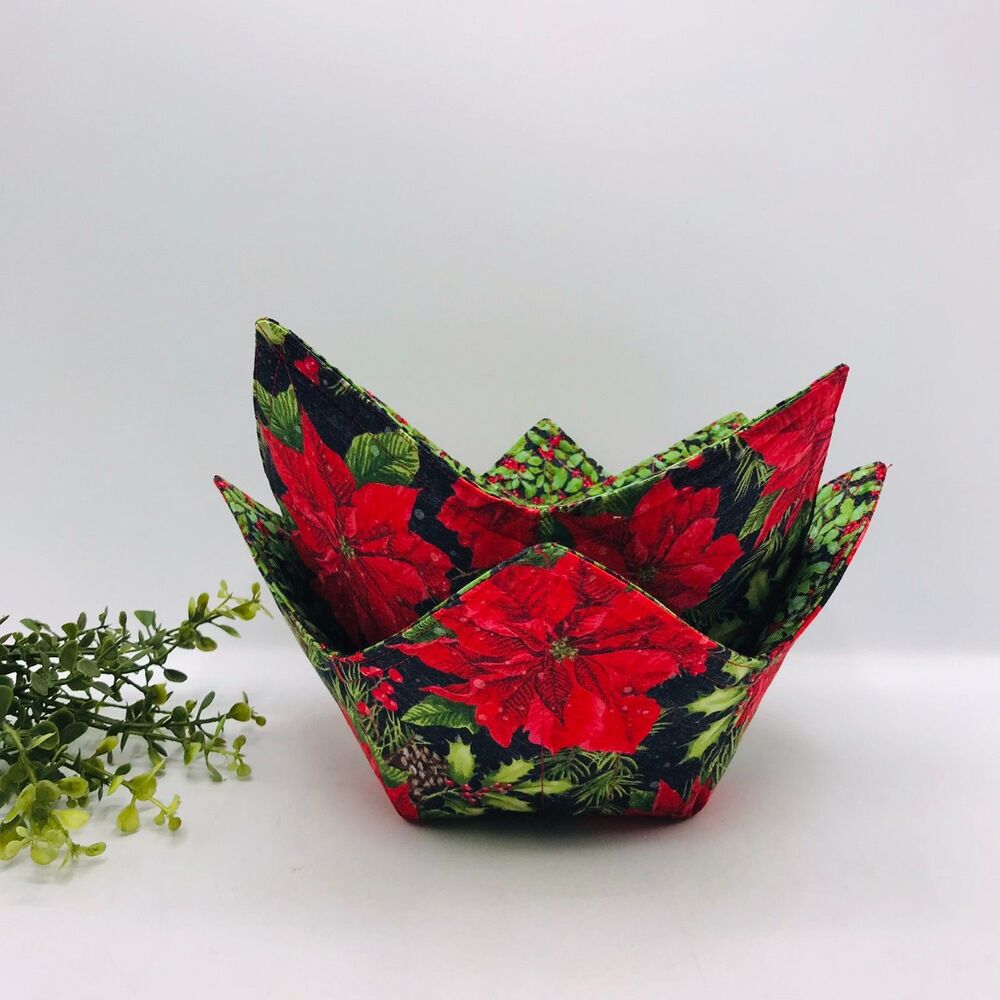 2 Piece Microwave Soup Bowl Cozie Reversible, Poinsetttias, Pinecones, Holly